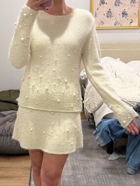 Zara Cream Fuzzy Knit pearl Sweater and skirt set